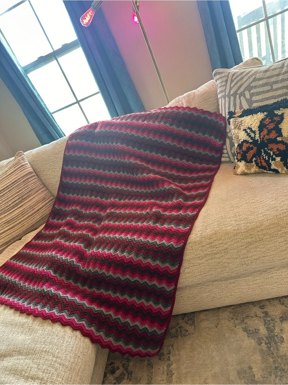 Chevron Knit Afghan Throw Blanket —Pink, Greys, Burgundy, & Brown